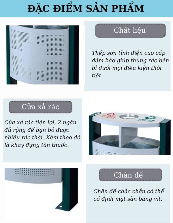 Đặc điểm thiết kế của thùng rác thép có gạt tàn loại 2 ngăn