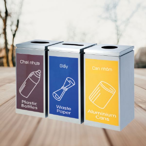 Mẫu thùng rác 3 ngăn hỗ trợ phân loại rác bằng inox