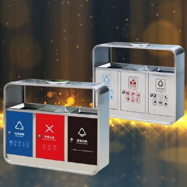 Mẫu thùng rác 3 ngăn ngoài trời bằng inox của Paloca