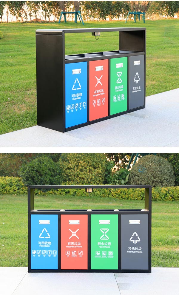 Thùng rác phân loại 4 ngăn gạt tàn thép đen