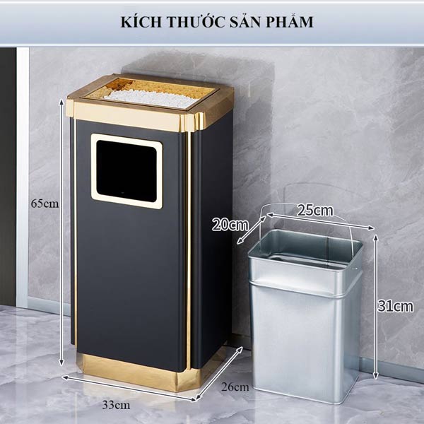 Chi tiết kích thước thùng rác chữ nhật bằng thép đen viền inox vàng