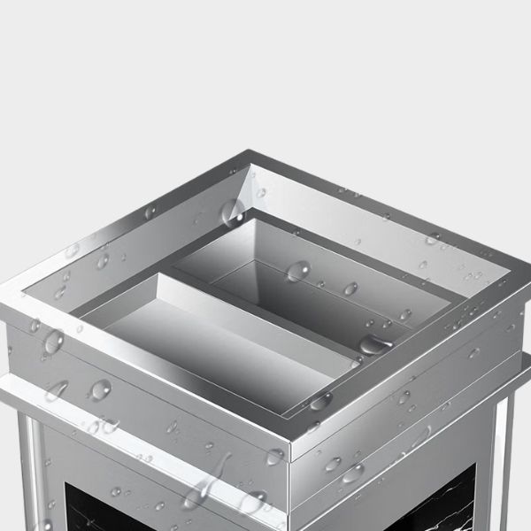 Cận cảnh nắp thùng rác: Khay gạt tàn + cửa xả rác