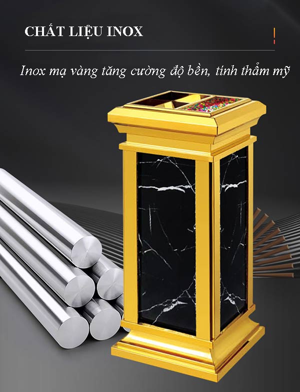 Khung thùng rác làm bằng inox được mạ vàng bên ngoài