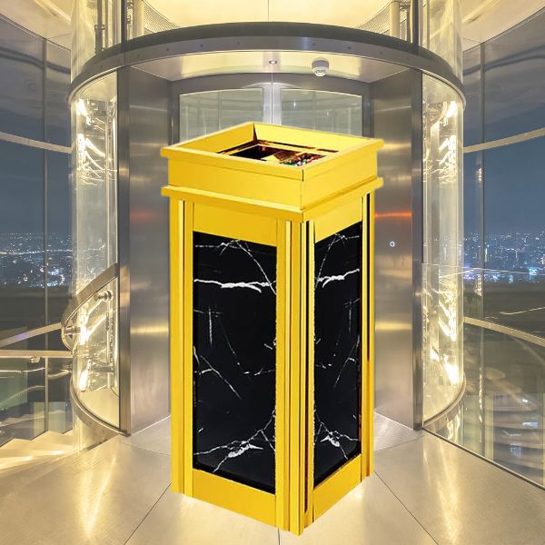 Thùng rác đá hoa cương khung inox vàng đá đen