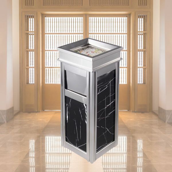 Mẫu thùng rác đá khung inox trắng trang trí