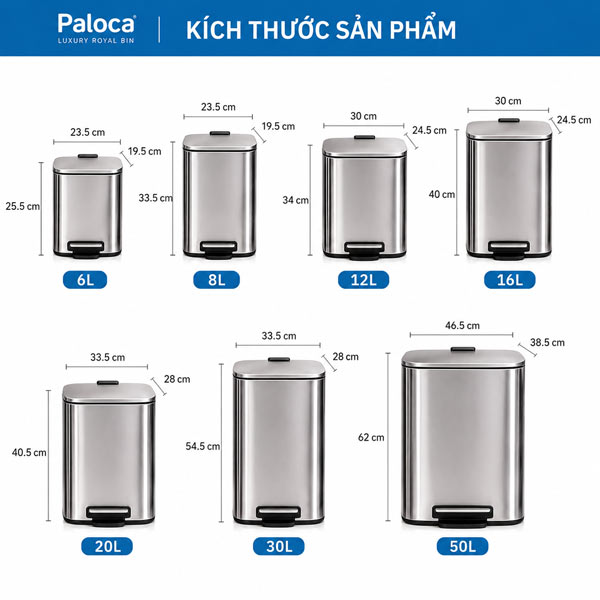 Kích thước từng mẫu thùng rác đạp chân vuông bằng inox