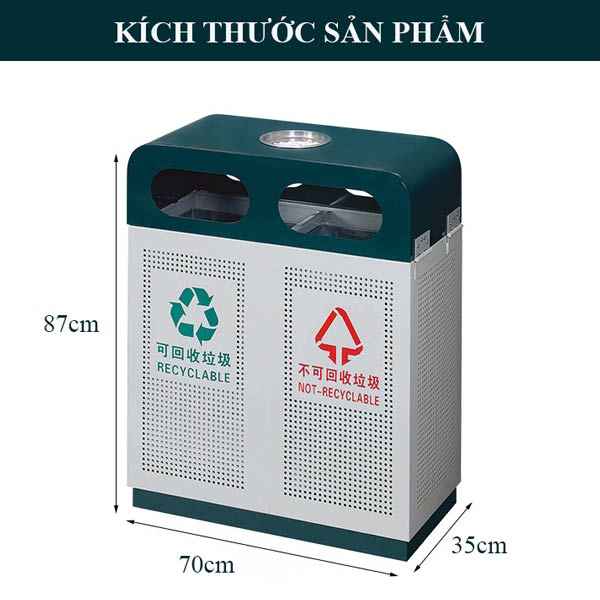 Chi tiết kích thước thùng rác 2 ngăn bằng thép sơn tĩnh điện xanh, trắng