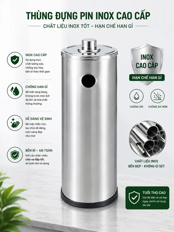Mẫu thùng đựng pin thải được sản xuất từ inox cao cấp