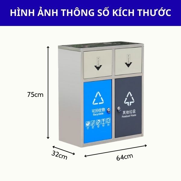 Chi tiết kích thước thùng rác inox đôi cửa đẩy