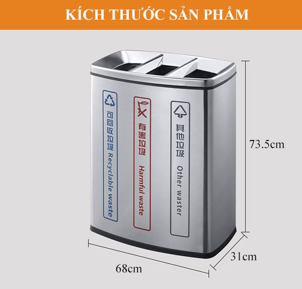 Chi tiết kích thước thùng rác nắp hở loại 3 ngăn
