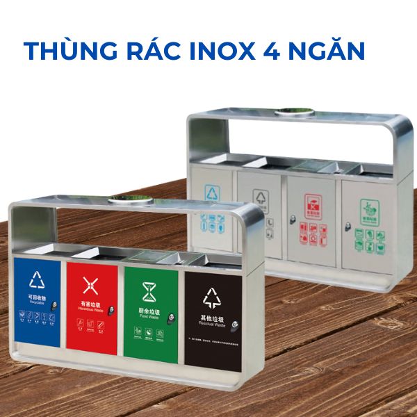 Mẫu thùng rác 4 ngăn có gạt tàn bằng inox của Paloca
