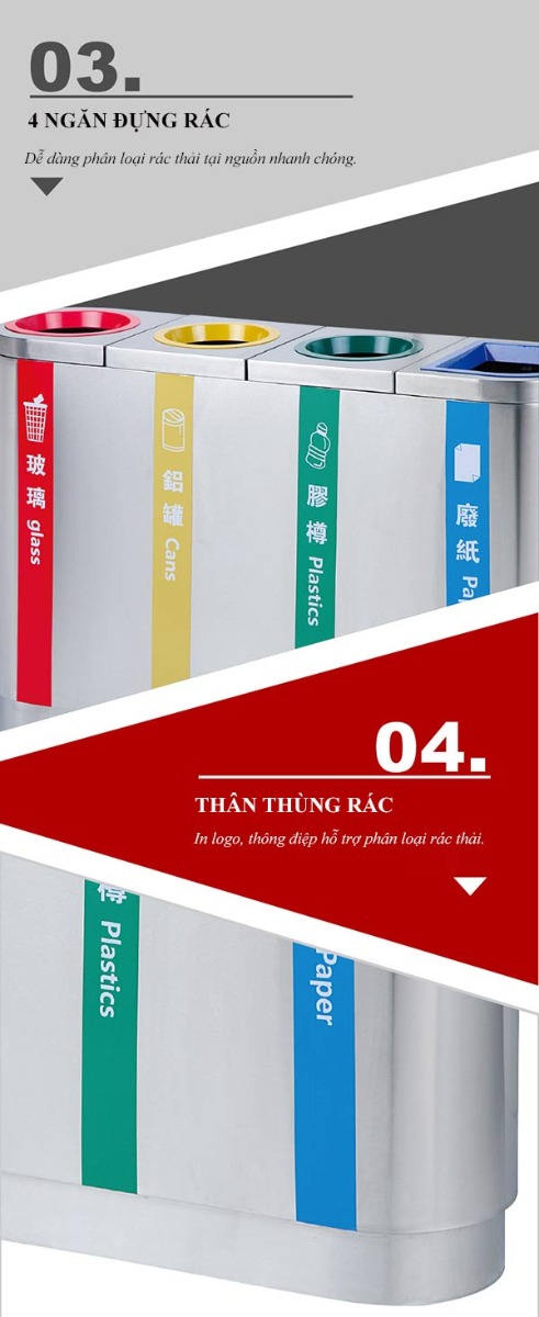 Đặc điểm thiết kế thùng rác 4 ngăn phân loại rác