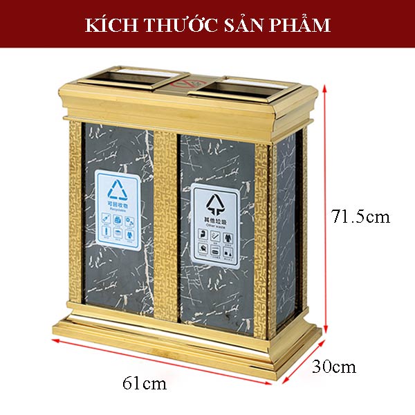 Kích thước thùng rác inox mạ vàng 2 ngăn gạt tàn