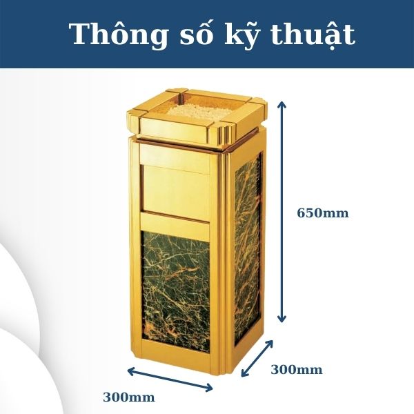 Hình ảnh kích thước của thùng rác inox vàng đá đen