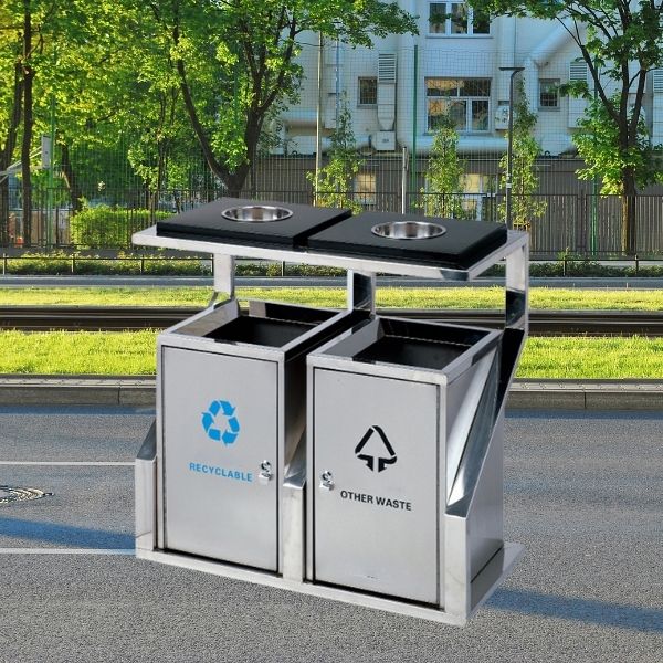 Mẫu thùng rác inox ngoài trời 2 ngăn tạo hình chữ Z