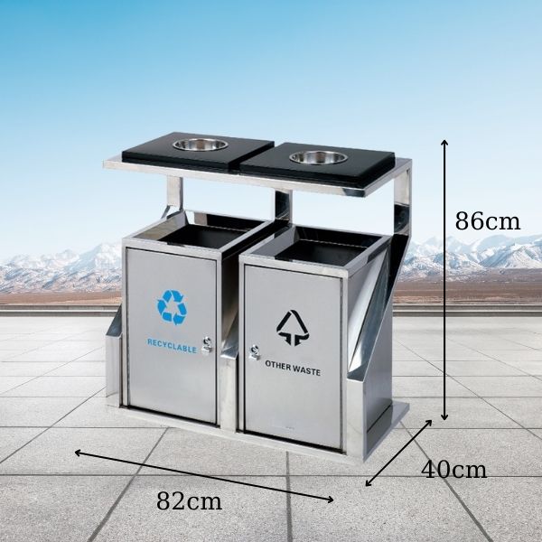 Chi tiết kích thước thùng rác 2 ngăn loại có gạt tàn