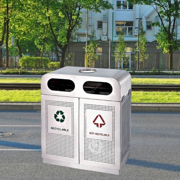 Mẫu thùng rác 2 ngăn có gạt tàn bằng inox cao cấp