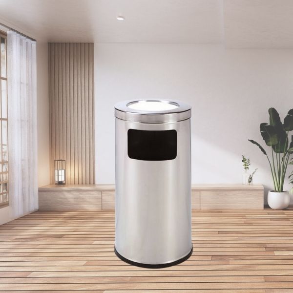 Thùng rác trụ tròn gạt tàn, cửa xả rác mặt trước
