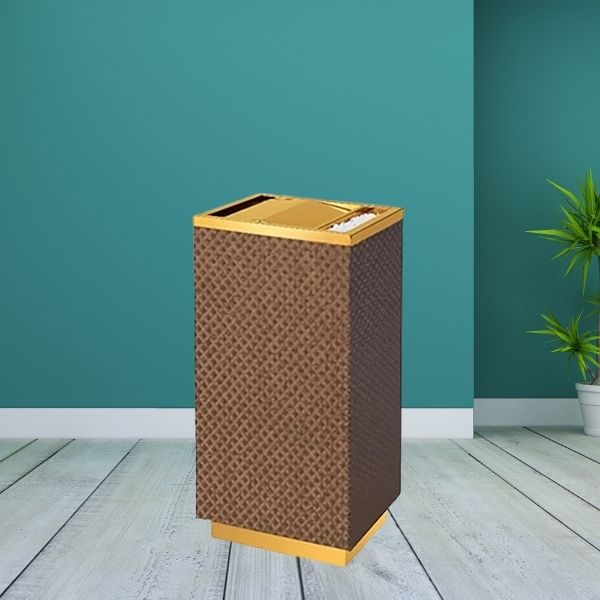 Thùng rác inox vàng bọc giả da vân caro