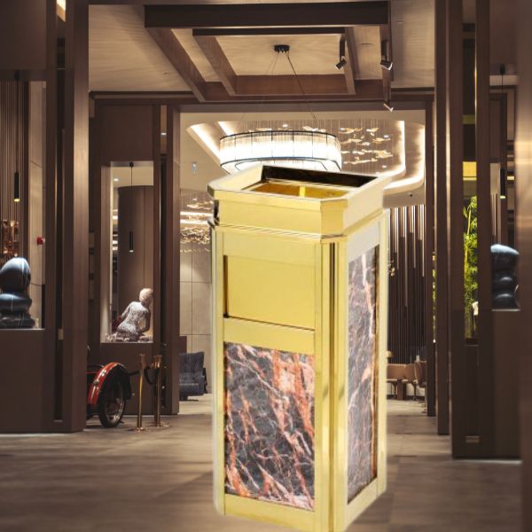 Mẫu thùng rác đá hoa cương viền inox vàng