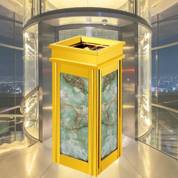 Thùng rác inox vàng giả đá vân xanh đẹp