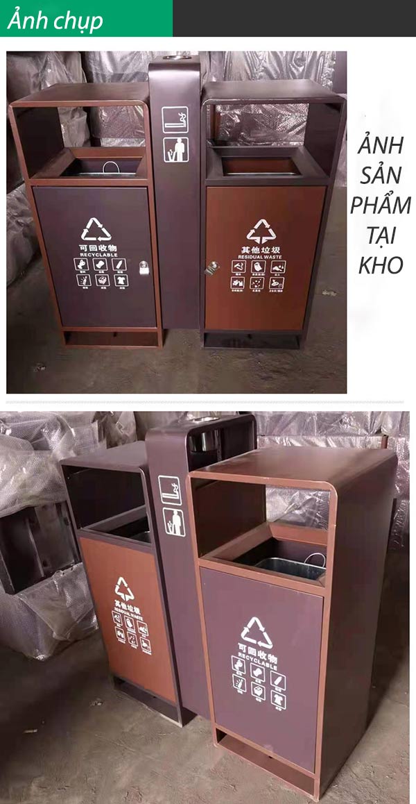 Hình ảnh thực tế thùng rác thép đôi ngoài trời có gạt tàn