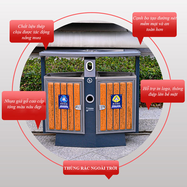 Đường nét thiết kế thùng rác gỗ tỉ mỉ, chỉn chu