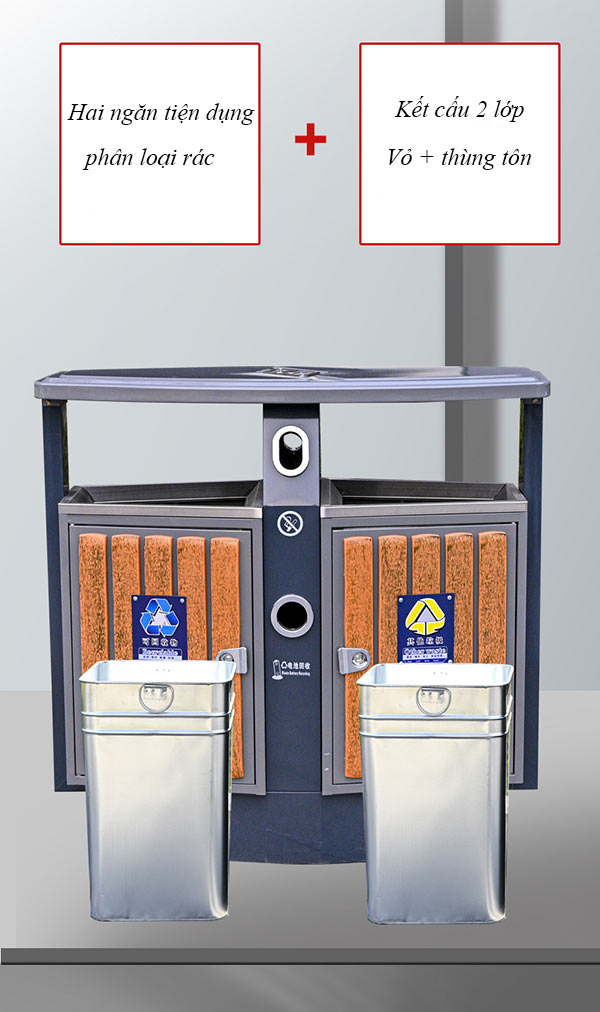 Sọt tôn hoa thùng rác giả gỗ 2 ngăn