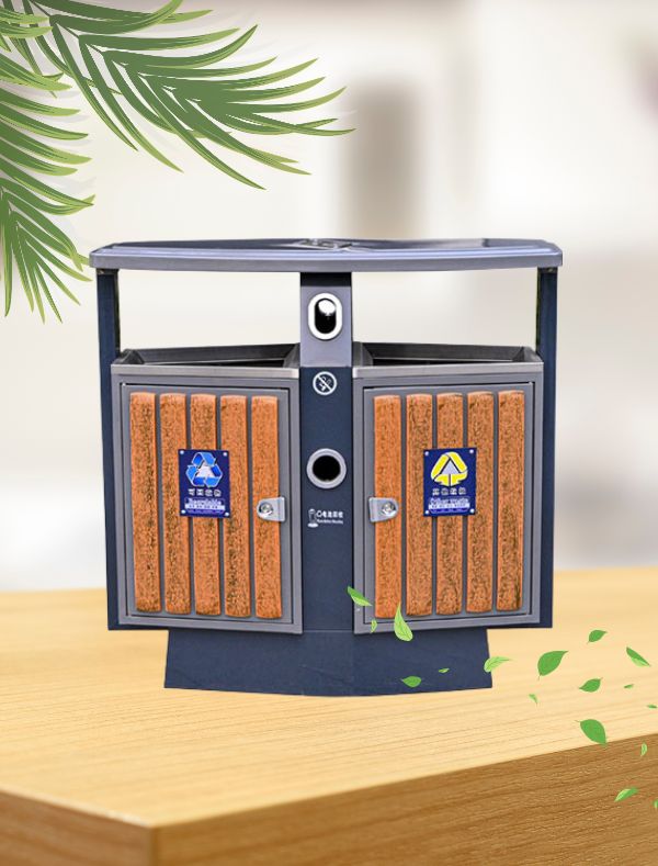 Thùng rác 2 ngăn có mái che giả gỗ ngoài trời