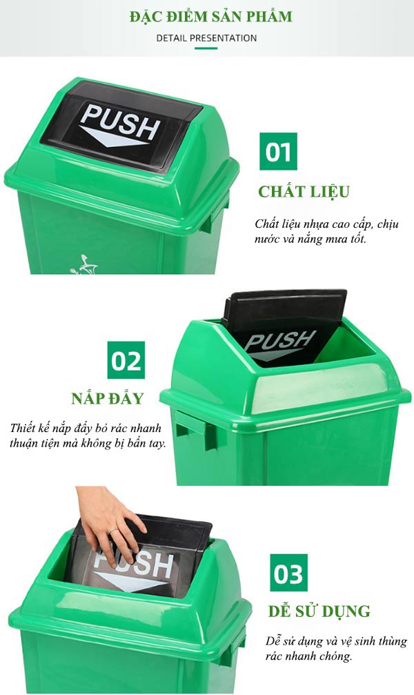 Cấu tạo các bộ phận của thùng rác nhựa nắp lật -đẩy