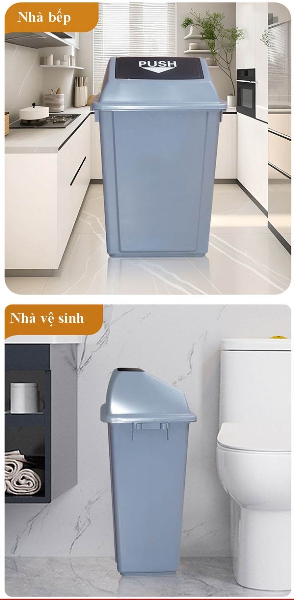 Cận cảnh mặt trước và mặt bên thùng rác nắp đẩy