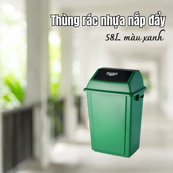 Thùng rác nhựa 58L nắp đẩy màu xanh lá