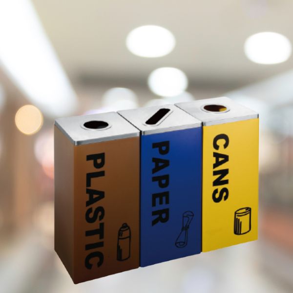 Mẫu thùng rác 3 ngăn dùng phân loại rác thải trong văn phòng