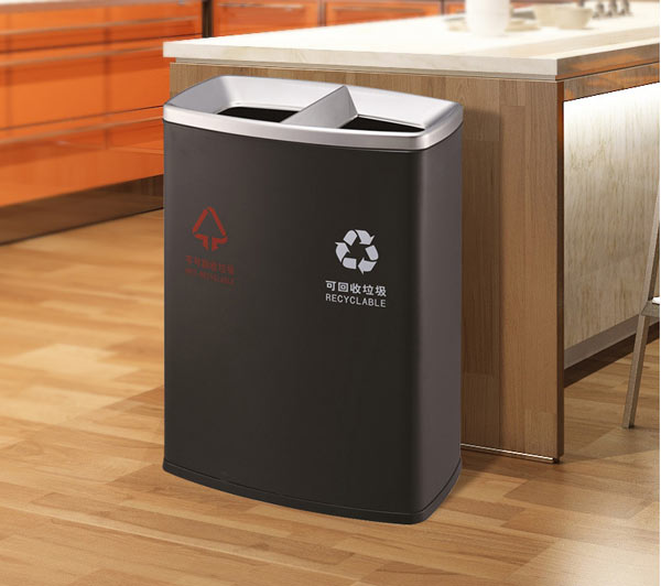 Thùng rác sơn đen không nắp 2 ngăn dùng trong nhà, ngoài trời