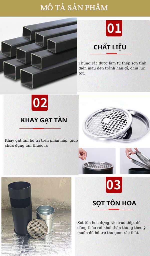 Đặc điểm thiết kế thùng rác thép sơn đen có gạt tàn