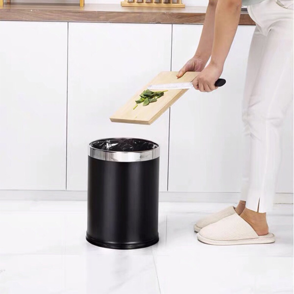 Thùng rác thép sơn đen vành inox bóng không nắp