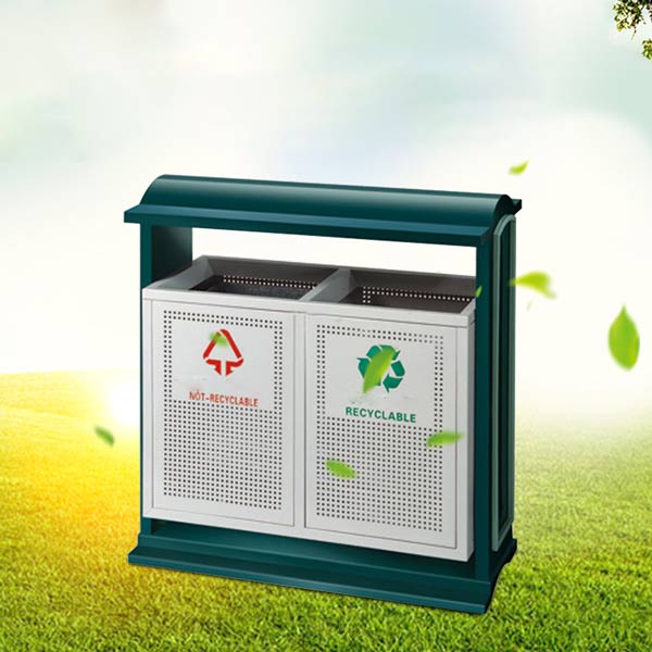 Thùng rác ngoài trời 2 ngăn thép sơn màu xanh trắng