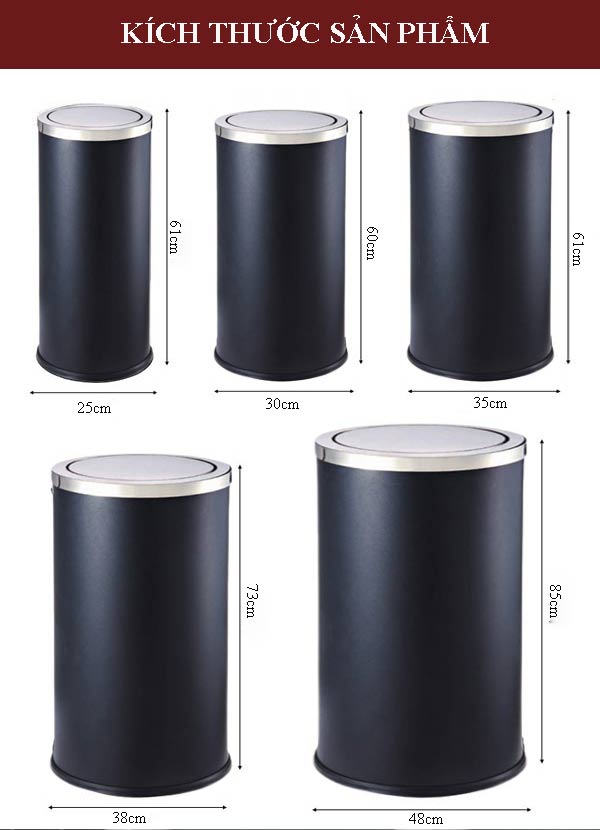 Kích thước thùng rác nắp lật màu đen khá là đa dạng