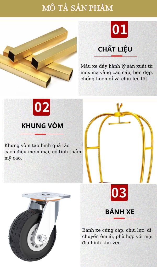 Đặc điểm thiết kế của xe đẩy hành lý khung inox vàng