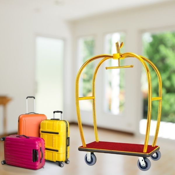 Mẫu xe đẩy hành lý 4 bánh khung inox mạ vàng