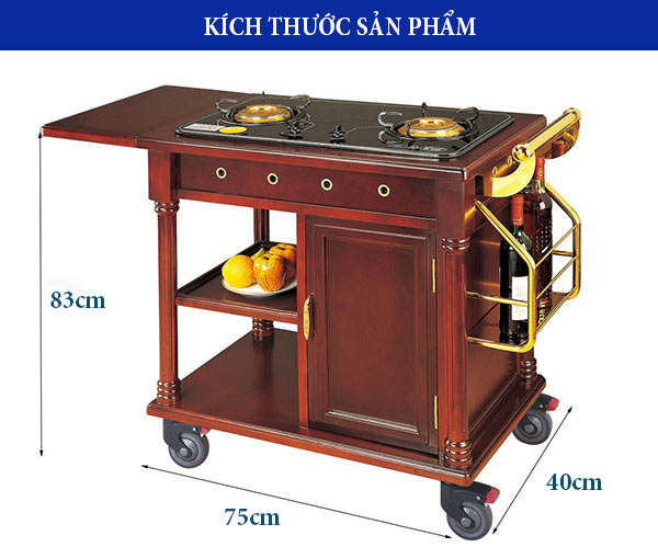 Chi tiết kích thước xe đẩy phục vụ bàn tiệc có bếp nấu