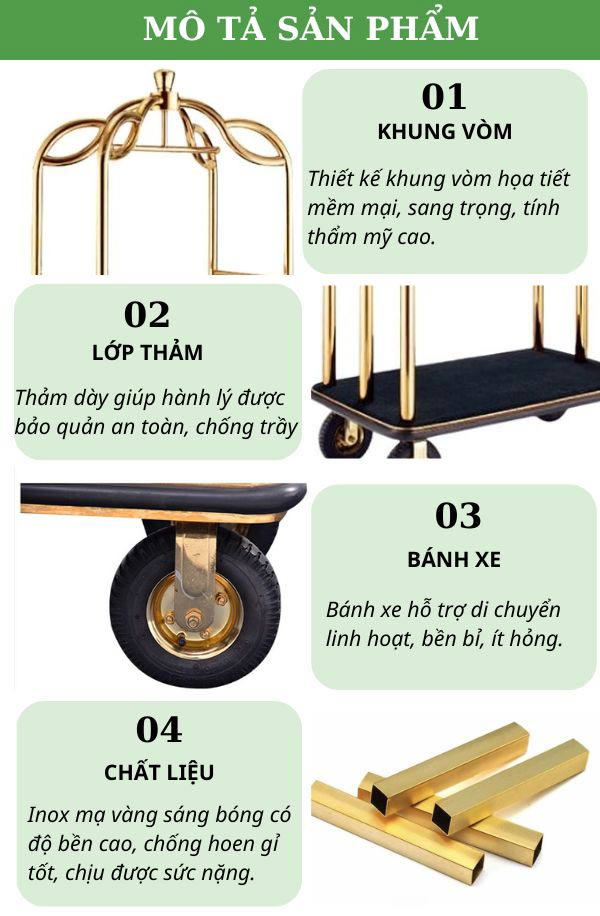 Tham khảo chi tiết thiết kế của xe vận chuyển hành lý khung inox vàng