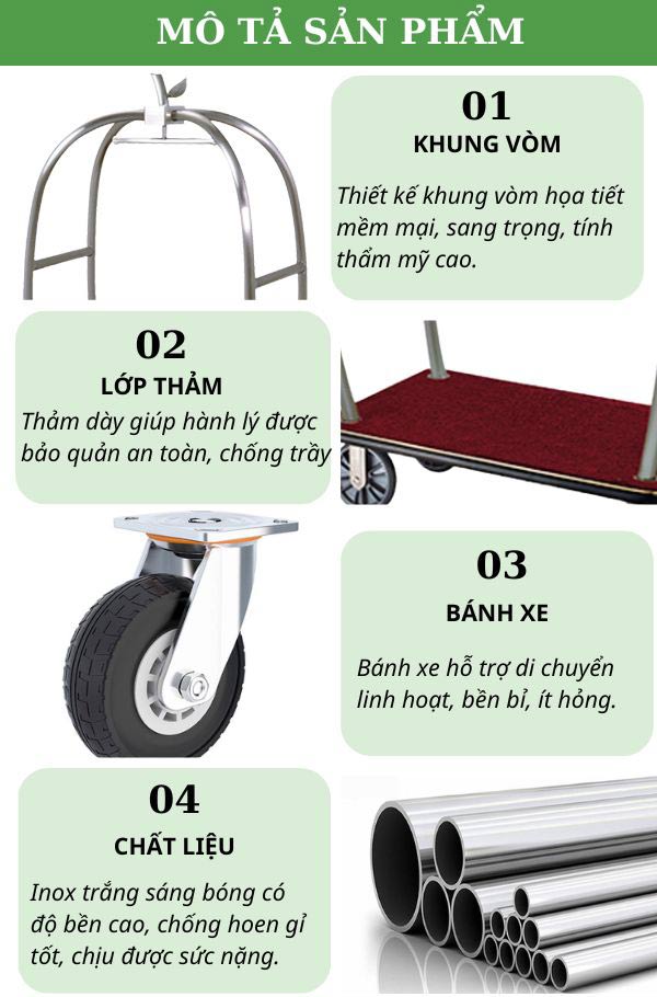 Chi tiết đặc điểm thiết kế của xe đẩy hành lý khách sạn inox