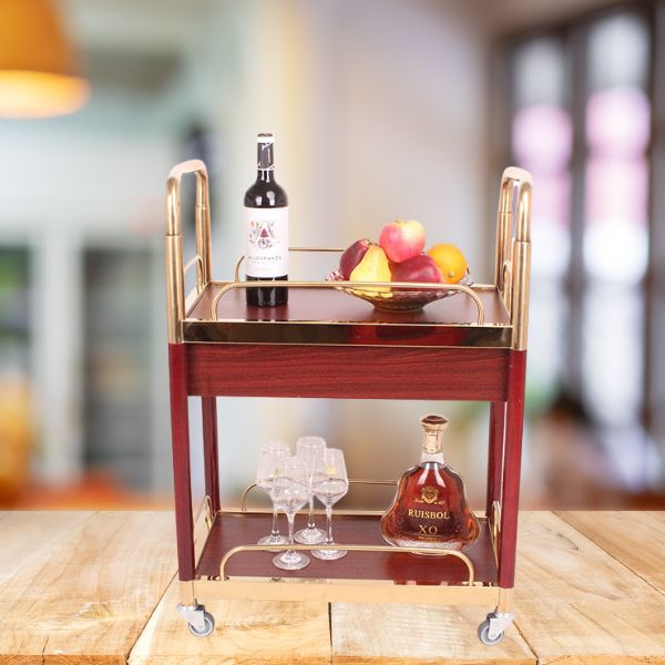 Mẫu xe đẩy rượu 2 tầng làm bằng gỗ khung viền inox vàng