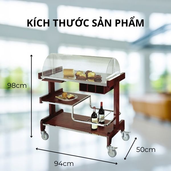 Kích thước của xe đẩy 3 tầng phục vụ rượu