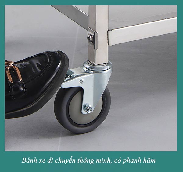 Thiết kế bánh xe đẩy inox 3 tầng cực kỳ tiện lợi