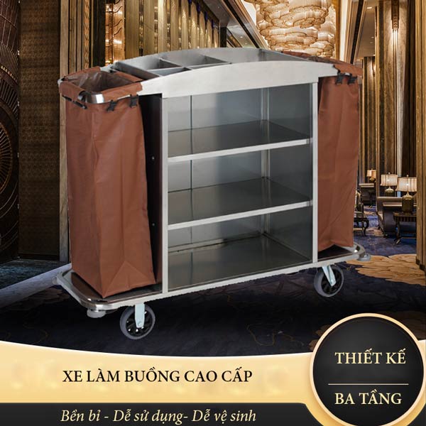 Mẫu xe dọn buồng phòng khung inox túi vải nâu