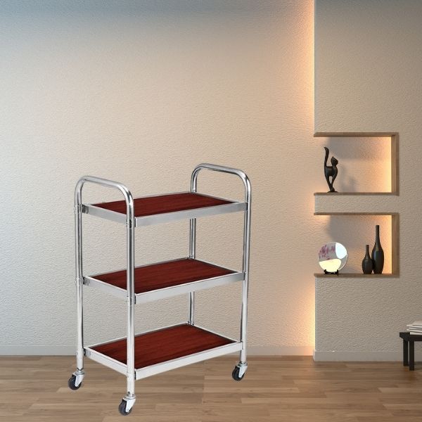 Mẫu xe đẩy 3 tầng khung inox mặt gỗ đẹp