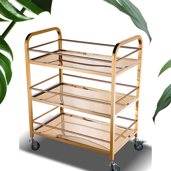 Mẫu xe đẩy phục vụ bàn 3 tầng làm bằng inox mạ vàng