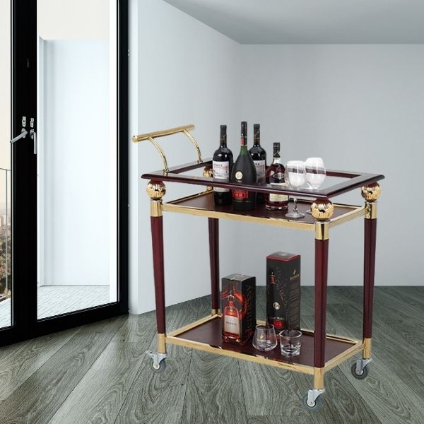 Xe đẩy rượu 2 tầng mặt gỗ khung inox